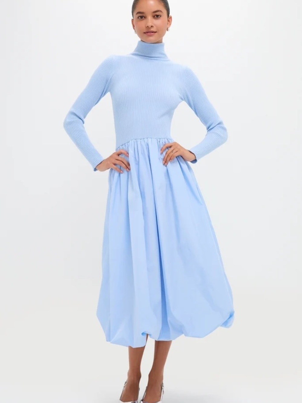 Sculpted Turtleneck Midi Dress in Powder Blue